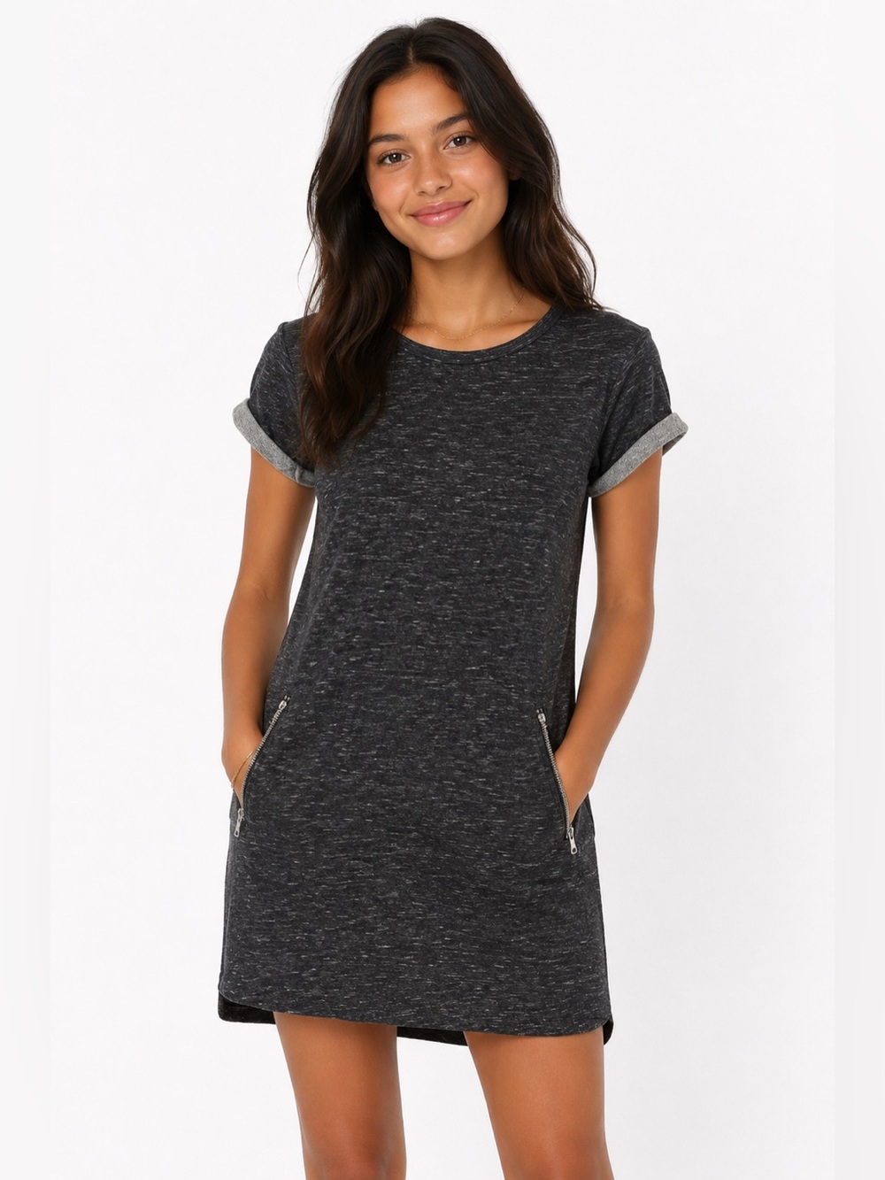 GAP Charcoal Sweatshirt Dress Short Sleeve Zip Pockets Size S